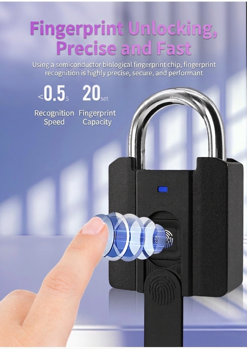 Smart Fingerprint & Password Padlock, Keyless Security Lock with Rapid Unlock, IPX5 Waterproof Zinc Alloy Body, Long-Lasting CR2032 Battery