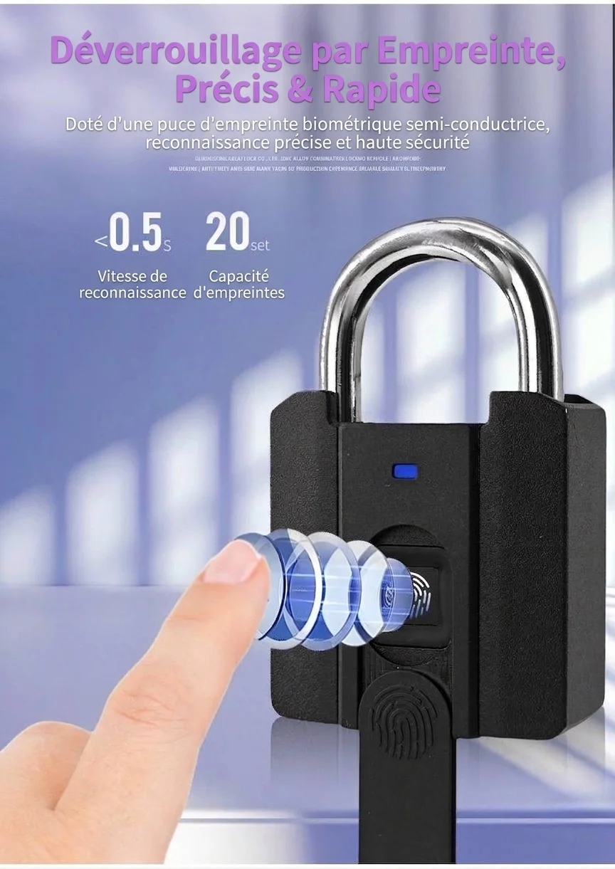 Cadenas intelligent à empreinte digitale et mot de passe, serrure de sécurité sans clé avec déverrouillage rapide, boîtier en alliage de zinc étanche IPX5, pile CR2032 longue durée