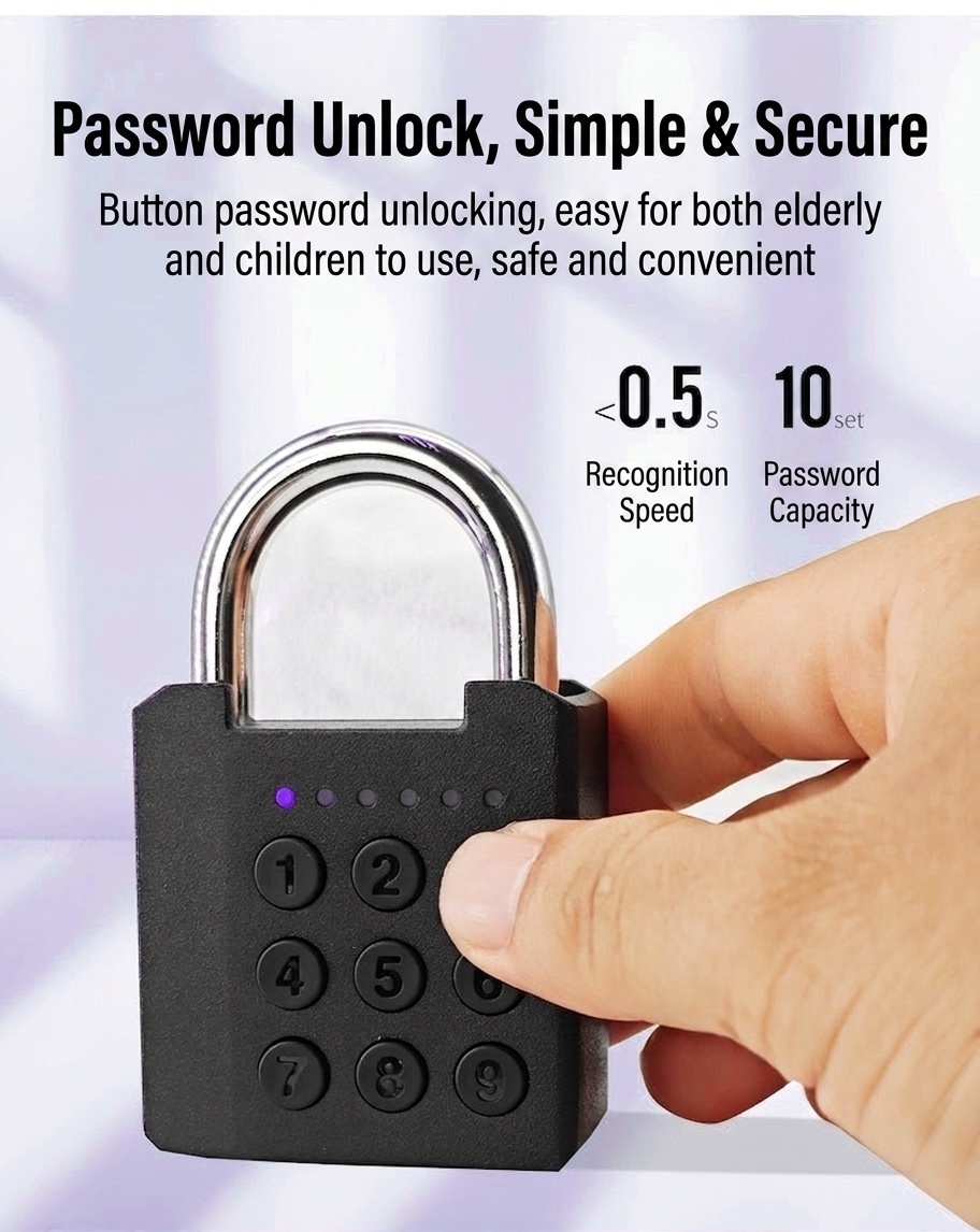 Smart Fingerprint & Password Padlock, Keyless Security Lock with Rapid Unlock, IPX5 Waterproof Zinc Alloy Body, Long-Lasting CR2032 Battery
