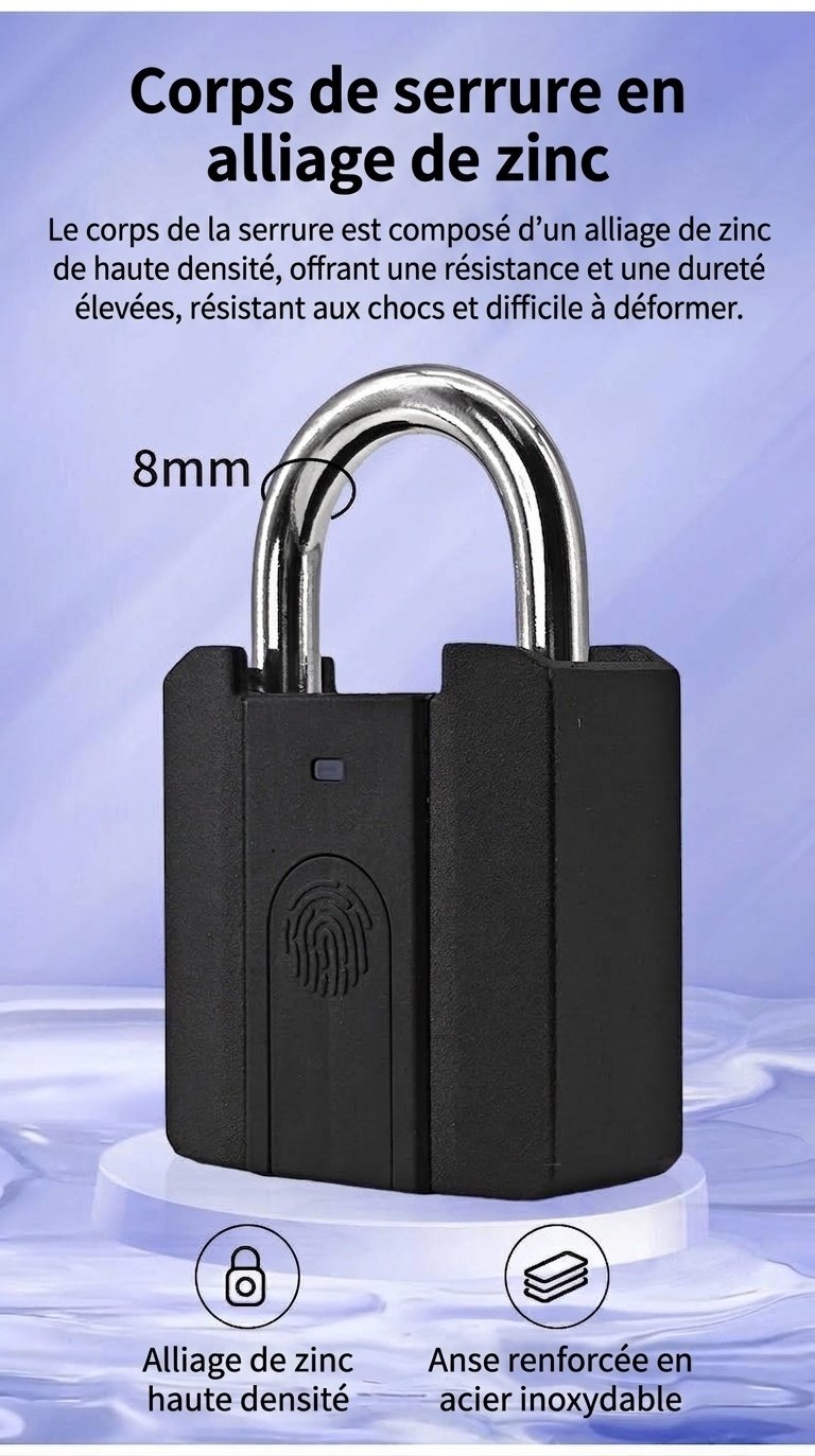 Cadenas intelligent à empreinte digitale et mot de passe, serrure de sécurité sans clé avec déverrouillage rapide, boîtier en alliage de zinc étanche IPX5, pile CR2032 longue durée