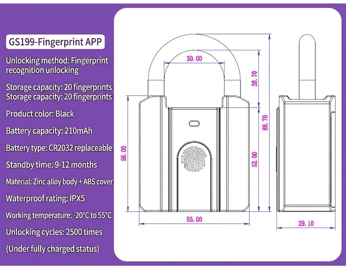 Smart Fingerprint & Password Padlock, Keyless Security Lock with Rapid Unlock, IPX5 Waterproof Zinc Alloy Body, Long-Lasting CR2032 Battery