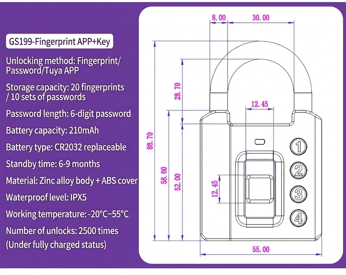 Smart Fingerprint & Password Padlock, Keyless Security Lock with Rapid Unlock, IPX5 Waterproof Zinc Alloy Body, Long-Lasting CR2032 Battery