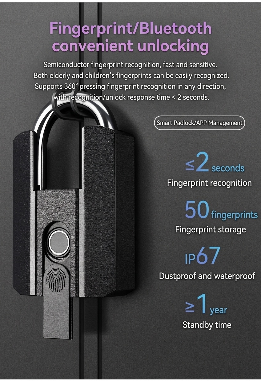 Fast Unlock Smart Fingerprint Padlock, Bluetooth Keyless Security Lock, IP67 Waterproof A3 Steel & Zinc Alloy Body, 0.5s Recognition, 1-Year Standby Battery