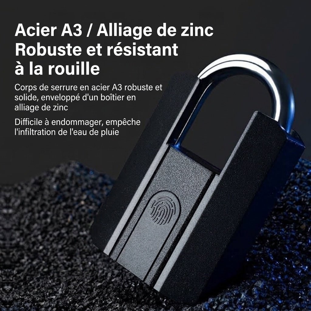 Cadenas à empreinte digitale intelligent à déverrouillage rapide, serrure de sécurité sans clé Bluetooth, boîtier étanche IP67 en acier A3 et alliage de zinc, reconnaissance en 0,5 s, batterie de secours d'un an