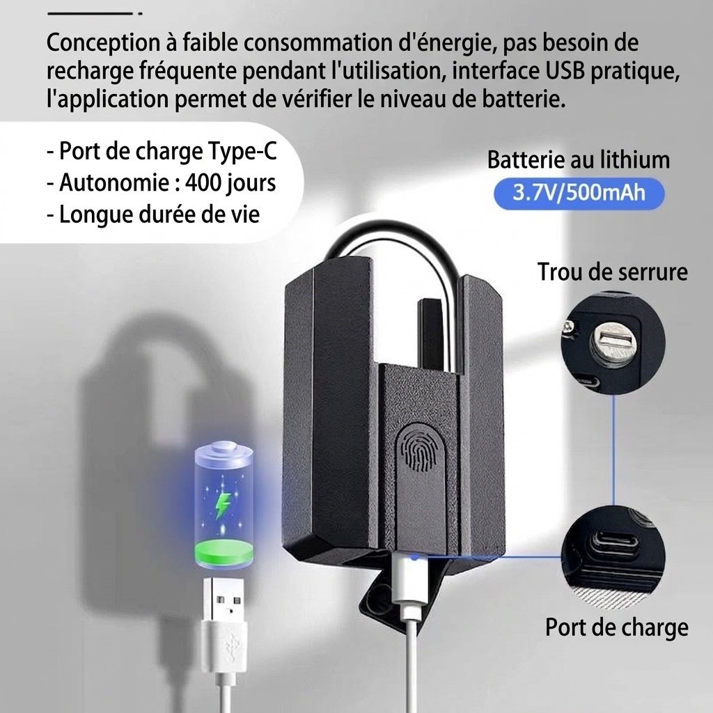 Cadenas à empreinte digitale intelligent à déverrouillage rapide, serrure de sécurité sans clé Bluetooth, boîtier étanche IP67 en acier A3 et alliage de zinc, reconnaissance en 0,5 s, batterie de secours d'un an