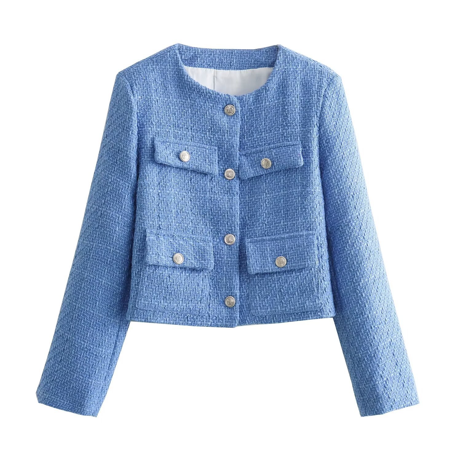Textured Padded Shoulder Tweed Jacket Long Sleeve KUN-00005