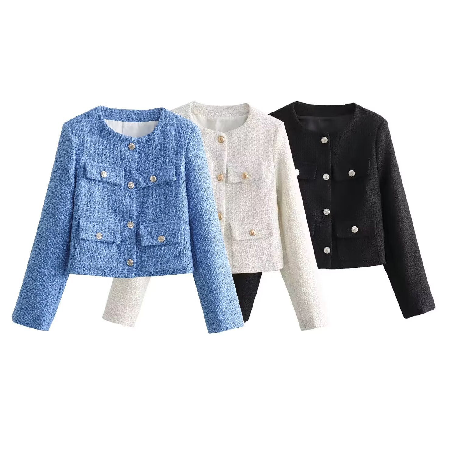 Textured Padded Shoulder Tweed Jacket Long Sleeve KUN-00005