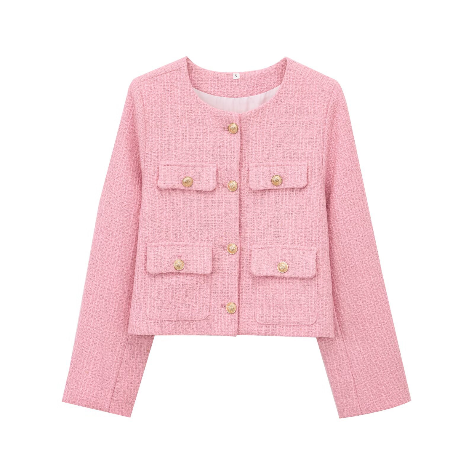 Textured Padded Shoulder Tweed Jacket Long Sleeve KUN-00005