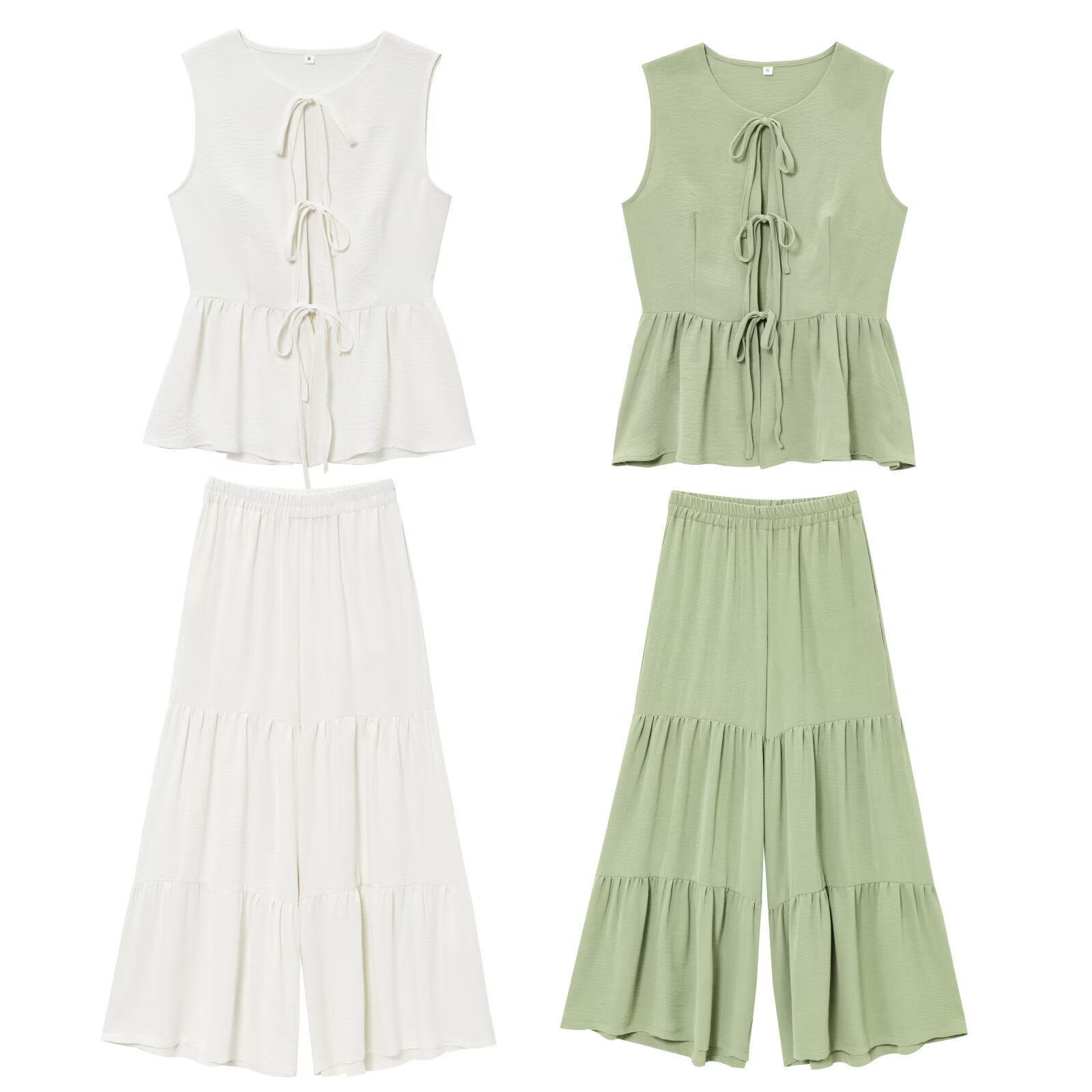 Conjunto de top sin mangas con lazo y pantalón ancho KUN-00004