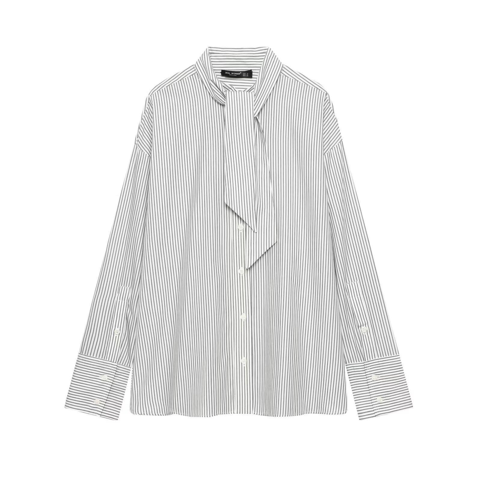 Striped Poplin Shirt with Scarf Tie - Women's Long Sleeve KUN-00082