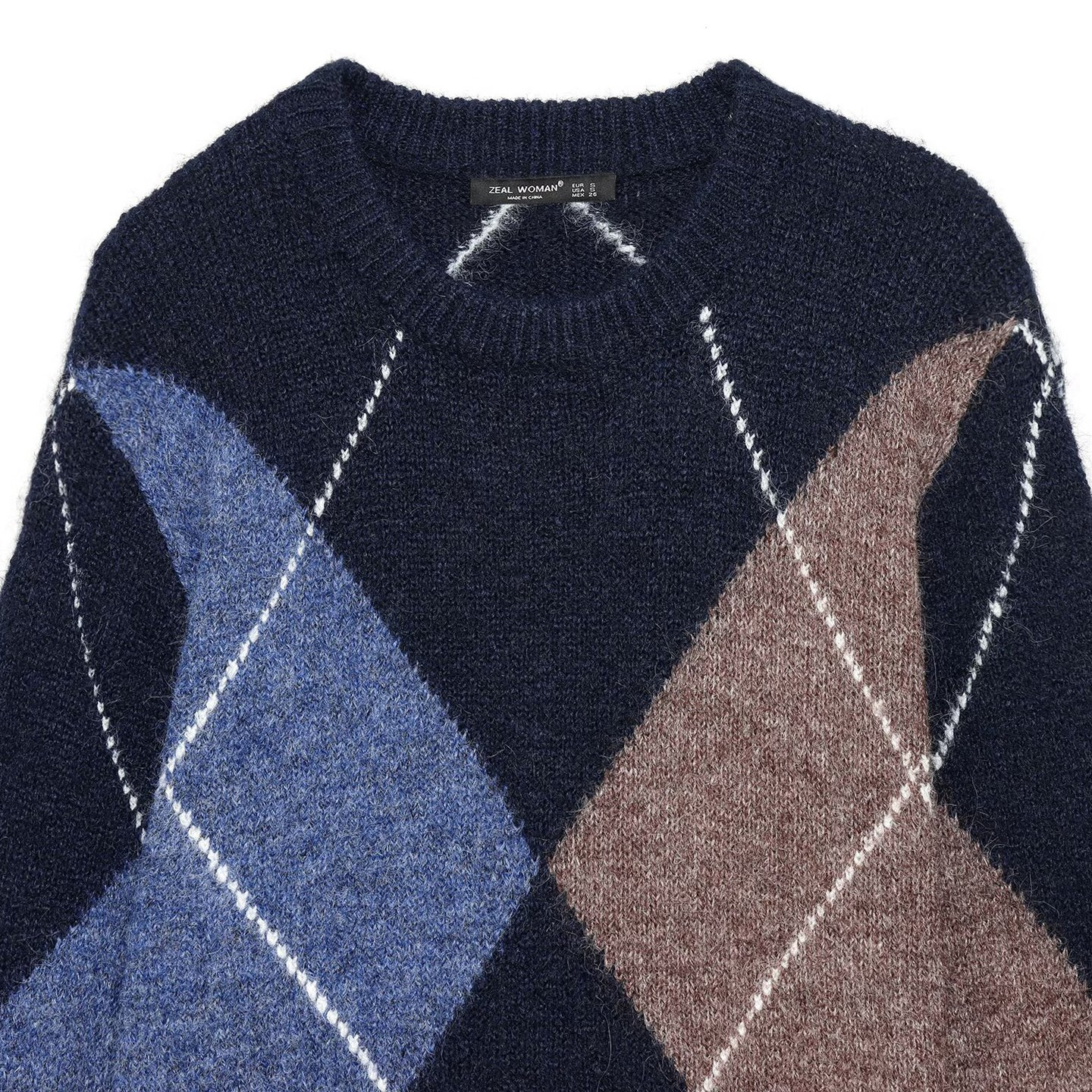 Knit Sweater Women's Diamond Pattern Long Sleeve Top KUN-00008