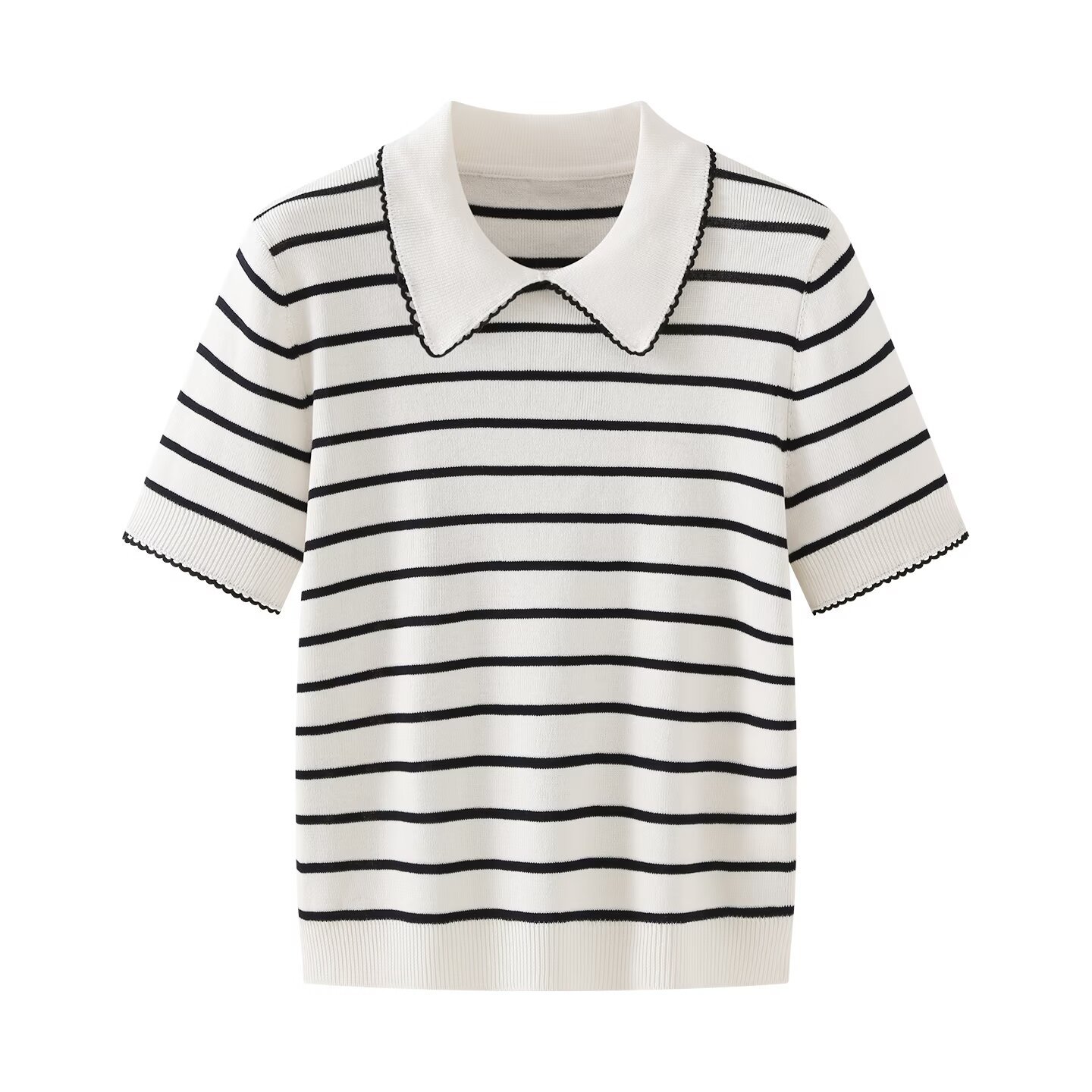 Knit Top Short Sleeve Collar Trim Casual KUN-00021