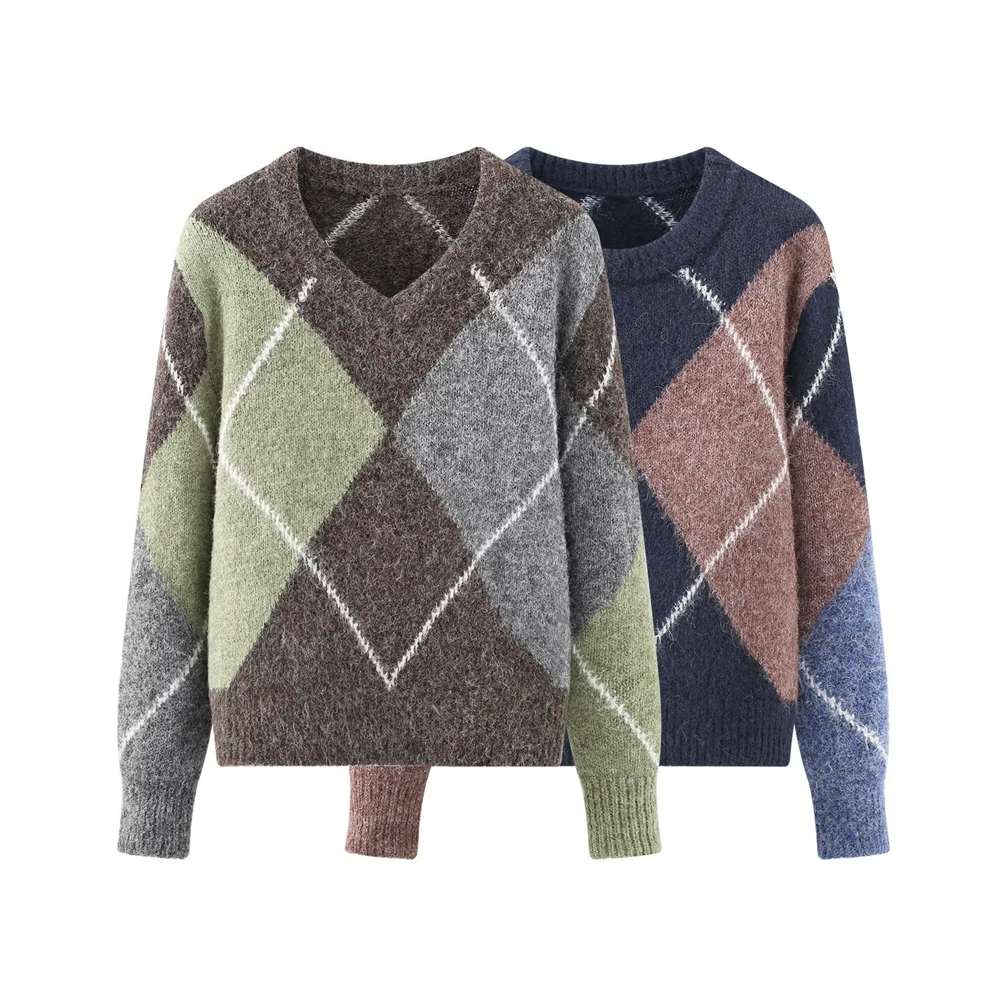 Suéter de punto con estampado de rombos y manga larga - Elegante e informal KUN-00073