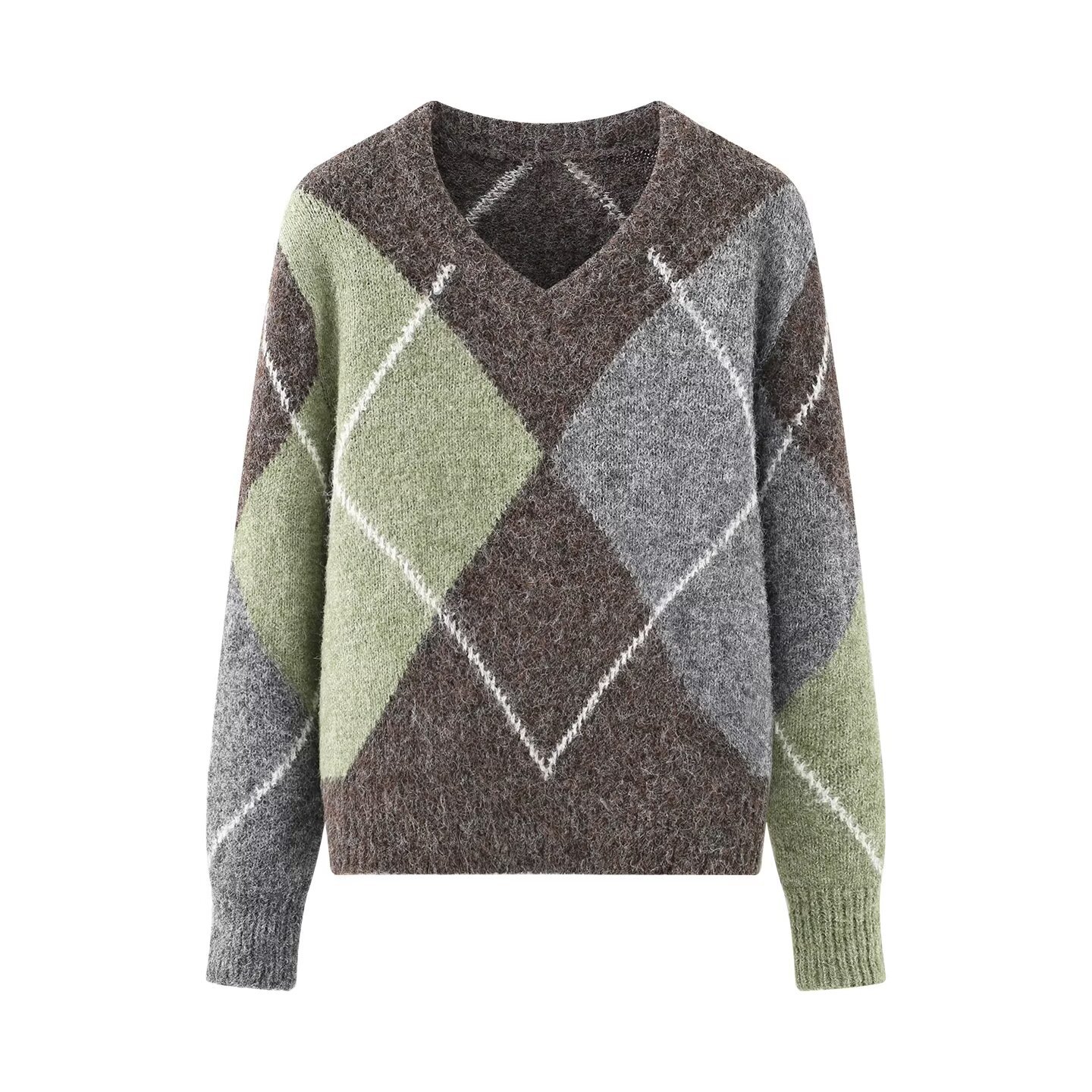 Suéter de punto con estampado de rombos y manga larga - Elegante e informal KUN-00073