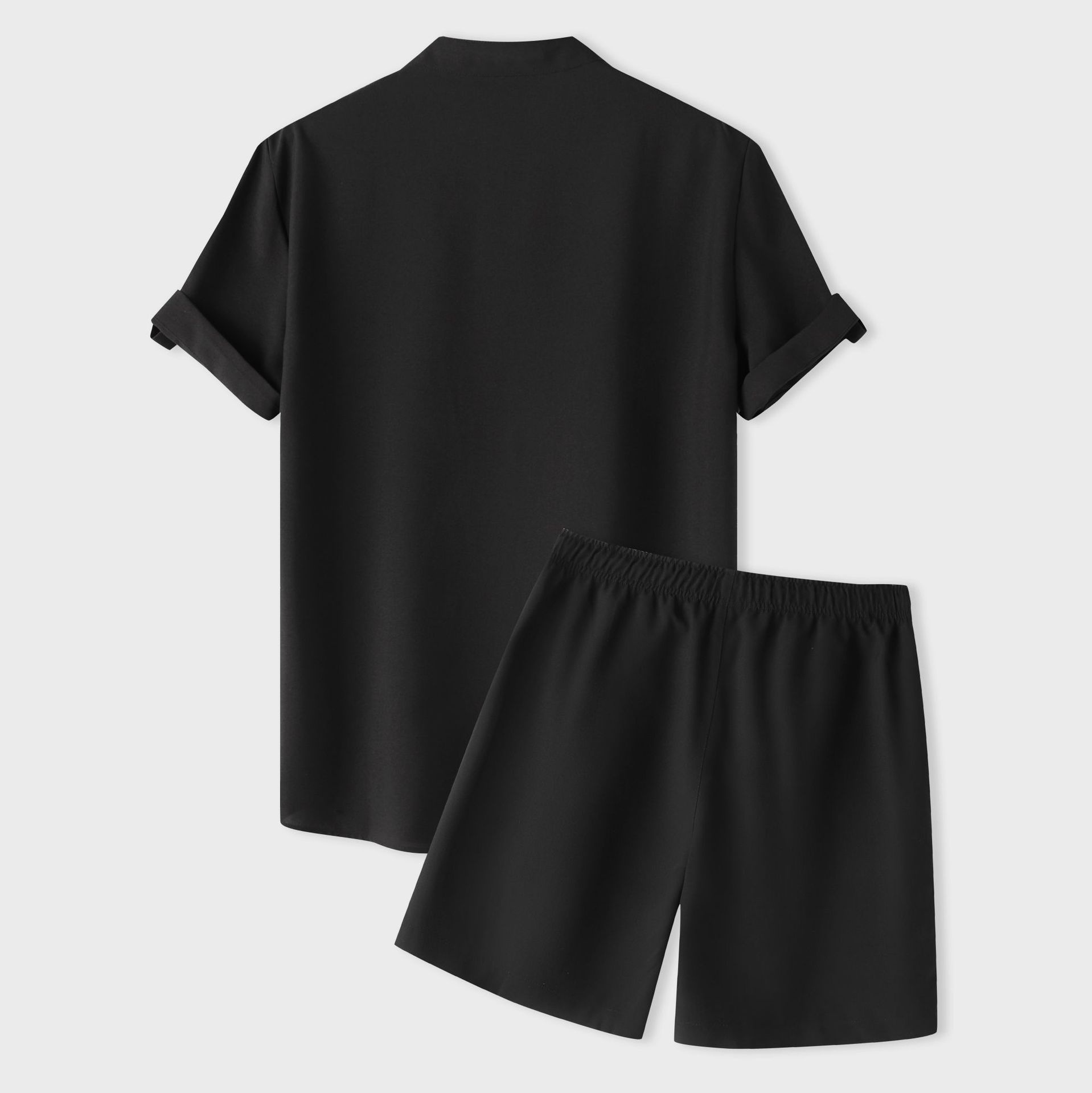 Men's Early Summer Solid Color Stand Collar Short Sleeve Shirt & Shorts Set