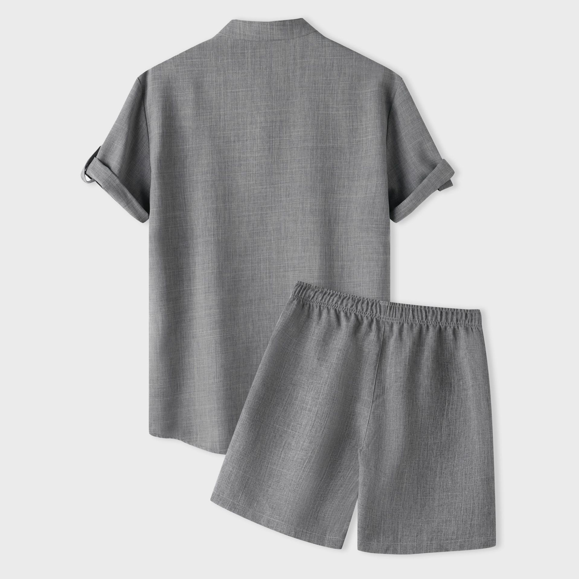 Men's Early Summer Solid Color Stand Collar Short Sleeve Shirt & Shorts Set