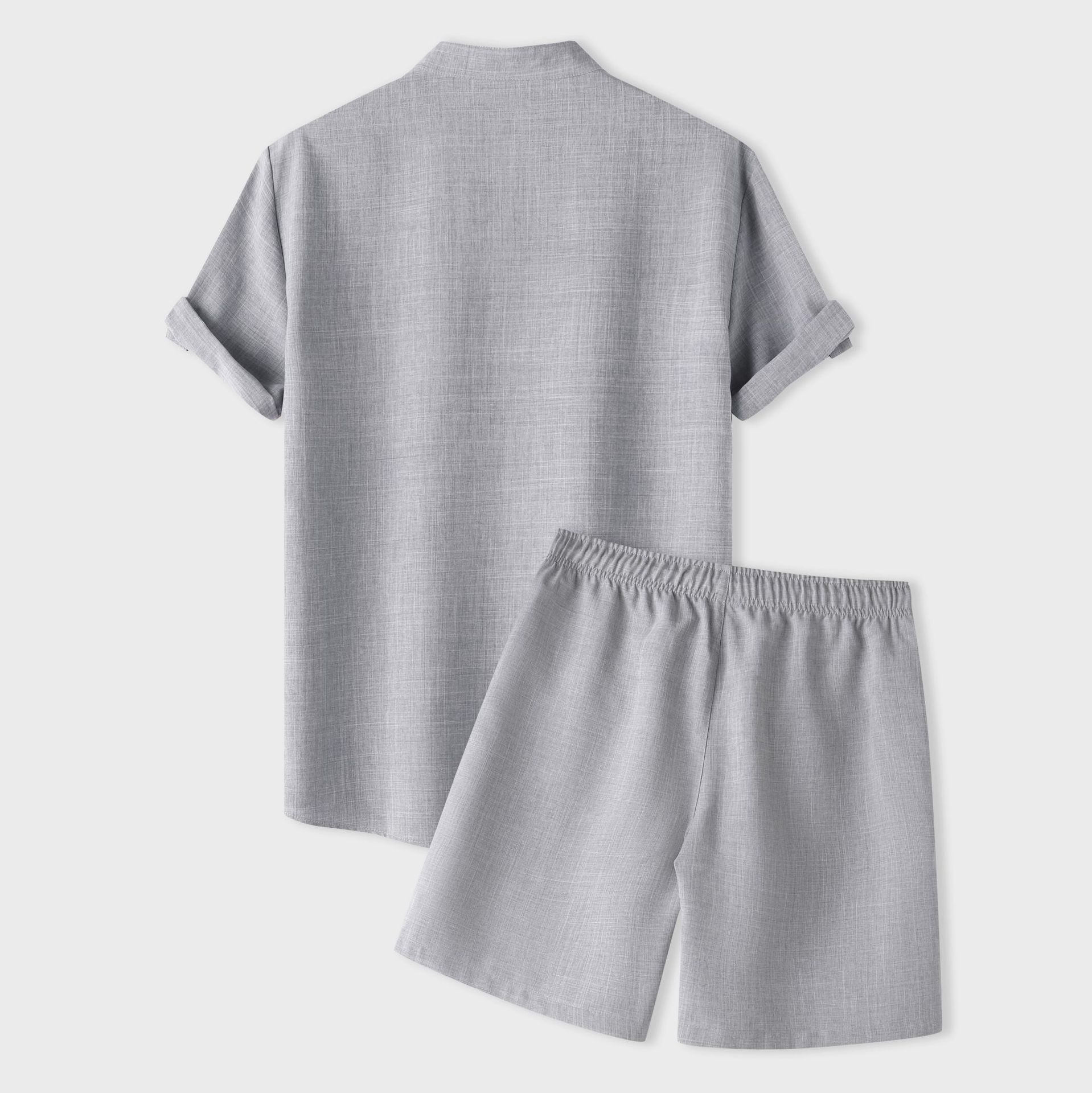 Men's Early Summer Solid Color Stand Collar Short Sleeve Shirt & Shorts Set