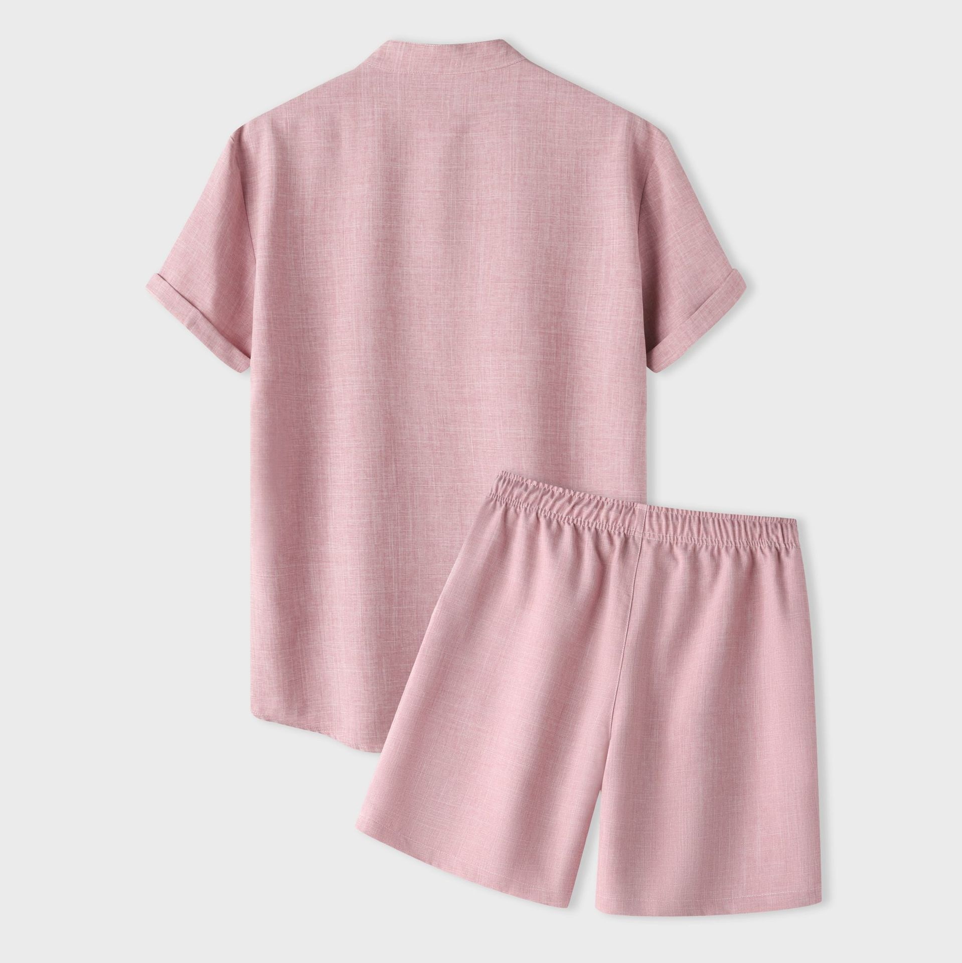 Men's Early Summer Solid Color Stand Collar Short Sleeve Shirt & Shorts Set