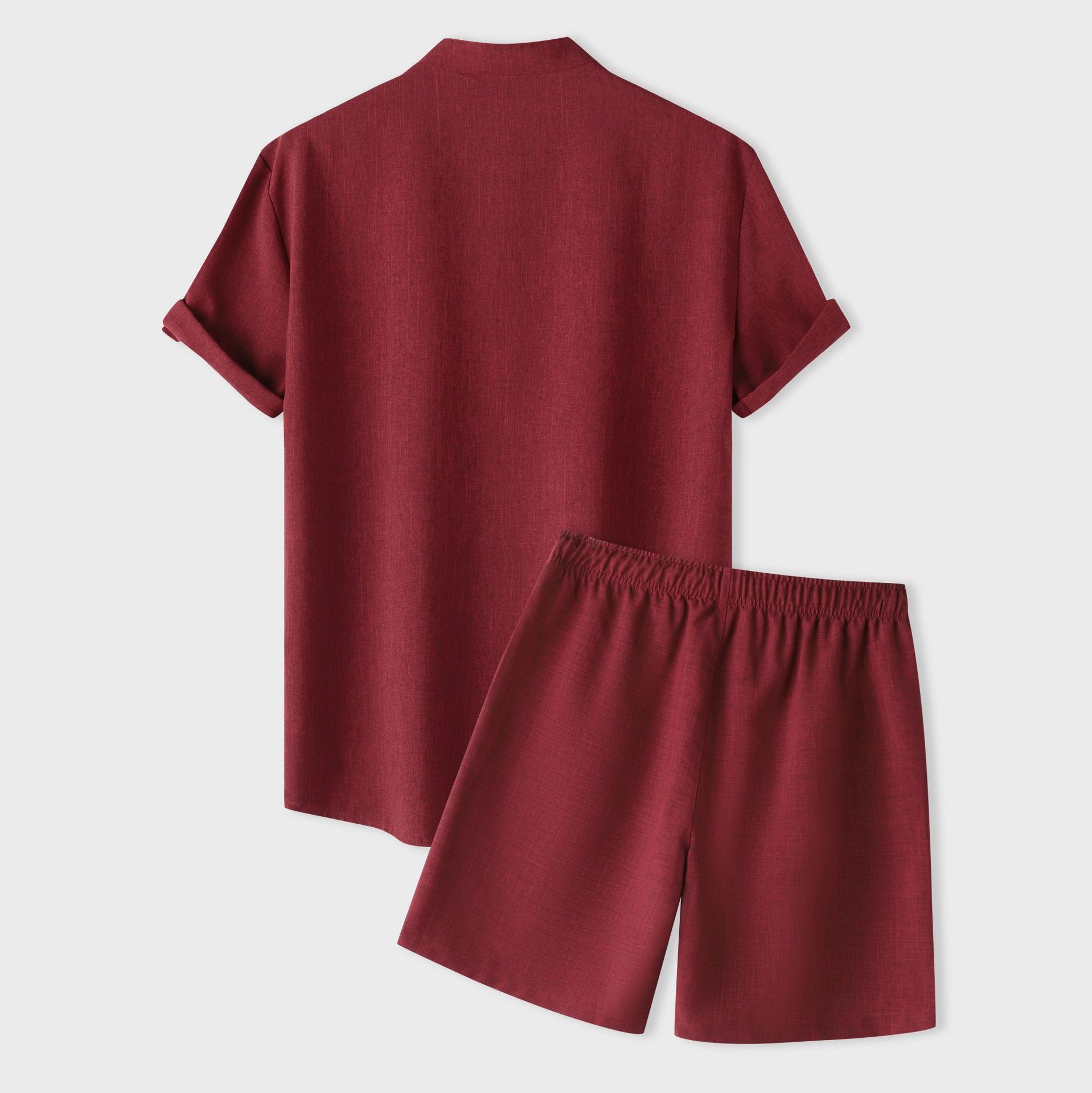 Men's Early Summer Solid Color Stand Collar Short Sleeve Shirt & Shorts Set