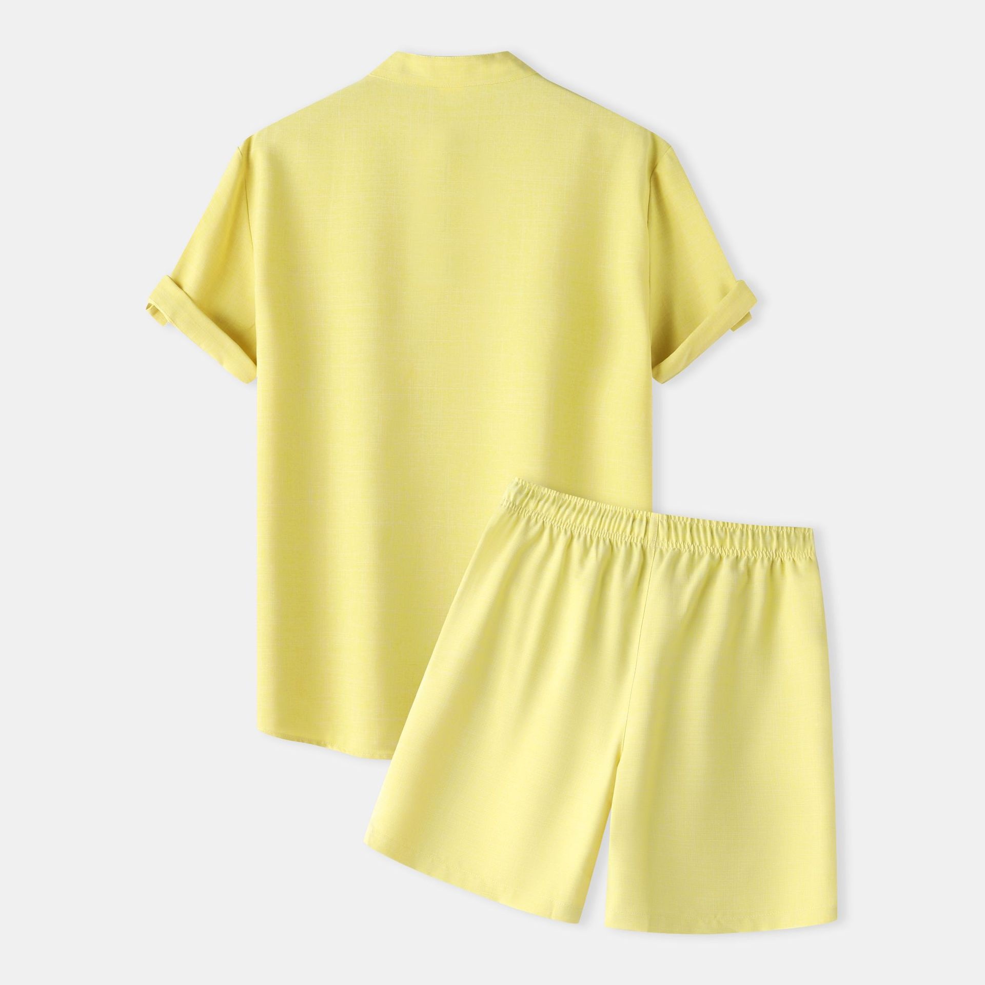Men's Early Summer Solid Color Stand Collar Short Sleeve Shirt & Shorts Set