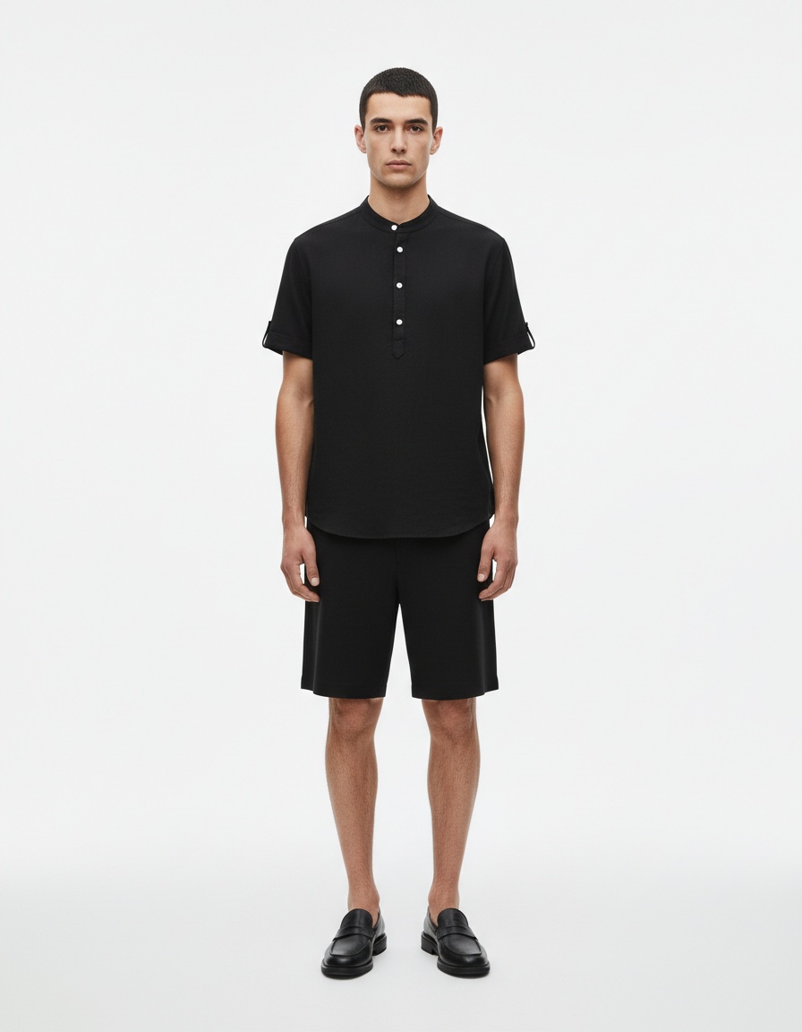 Men's Early Summer Solid Color Stand Collar Short Sleeve Shirt & Shorts Set