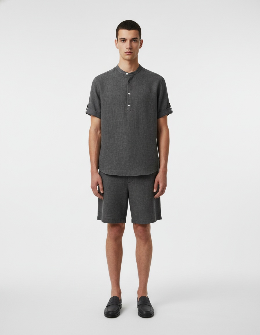 Men's Early Summer Solid Color Stand Collar Short Sleeve Shirt & Shorts Set