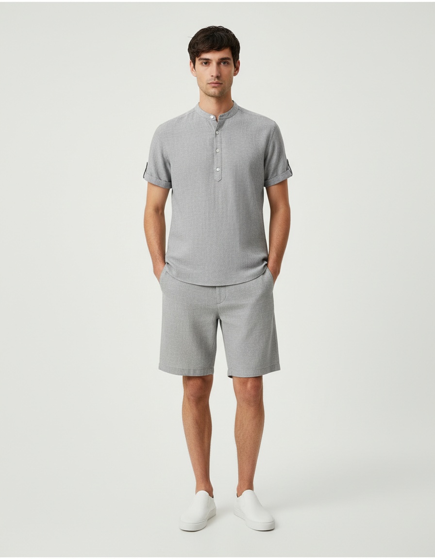 Men's Early Summer Solid Color Stand Collar Short Sleeve Shirt & Shorts Set