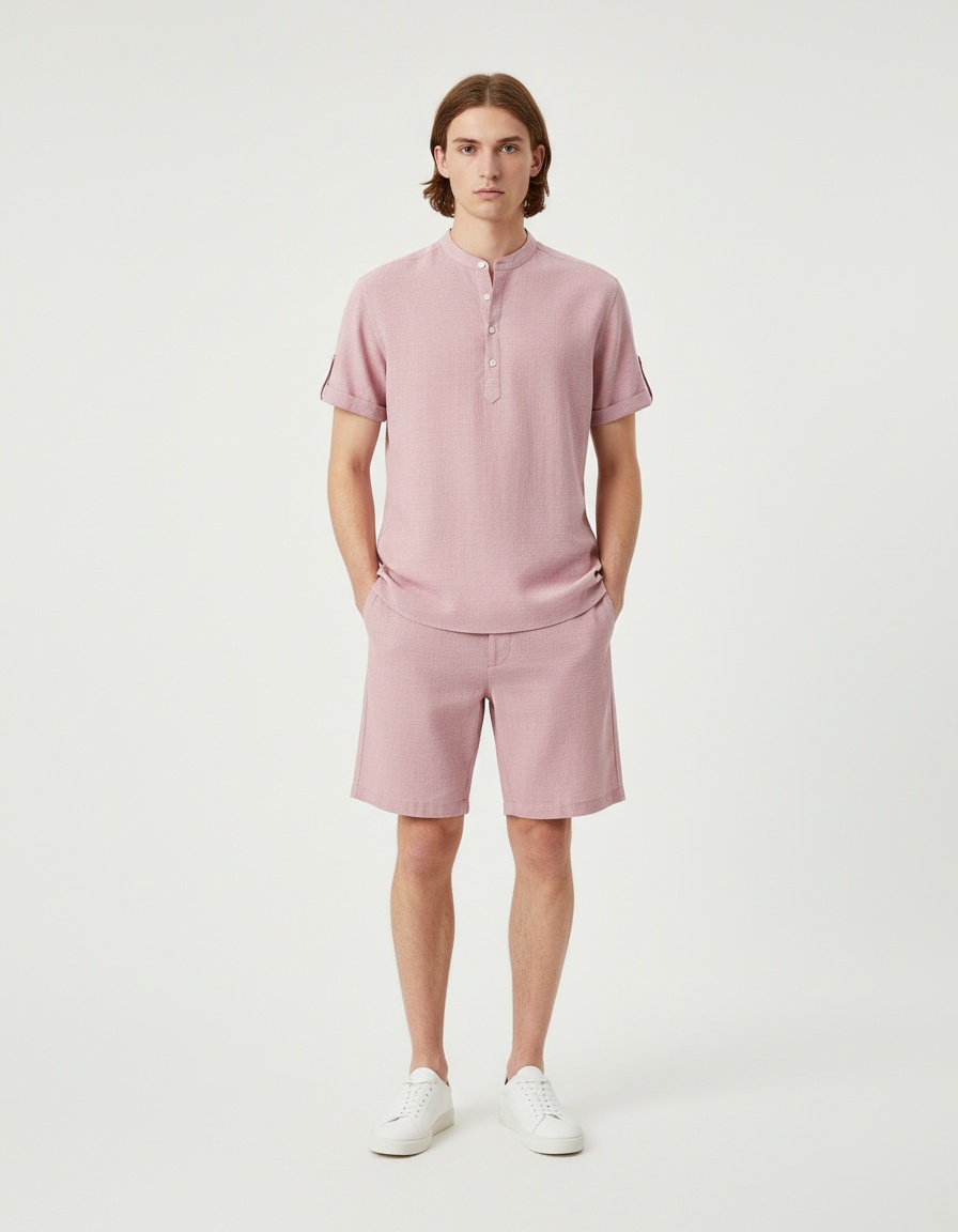 Men's Early Summer Solid Color Stand Collar Short Sleeve Shirt & Shorts Set