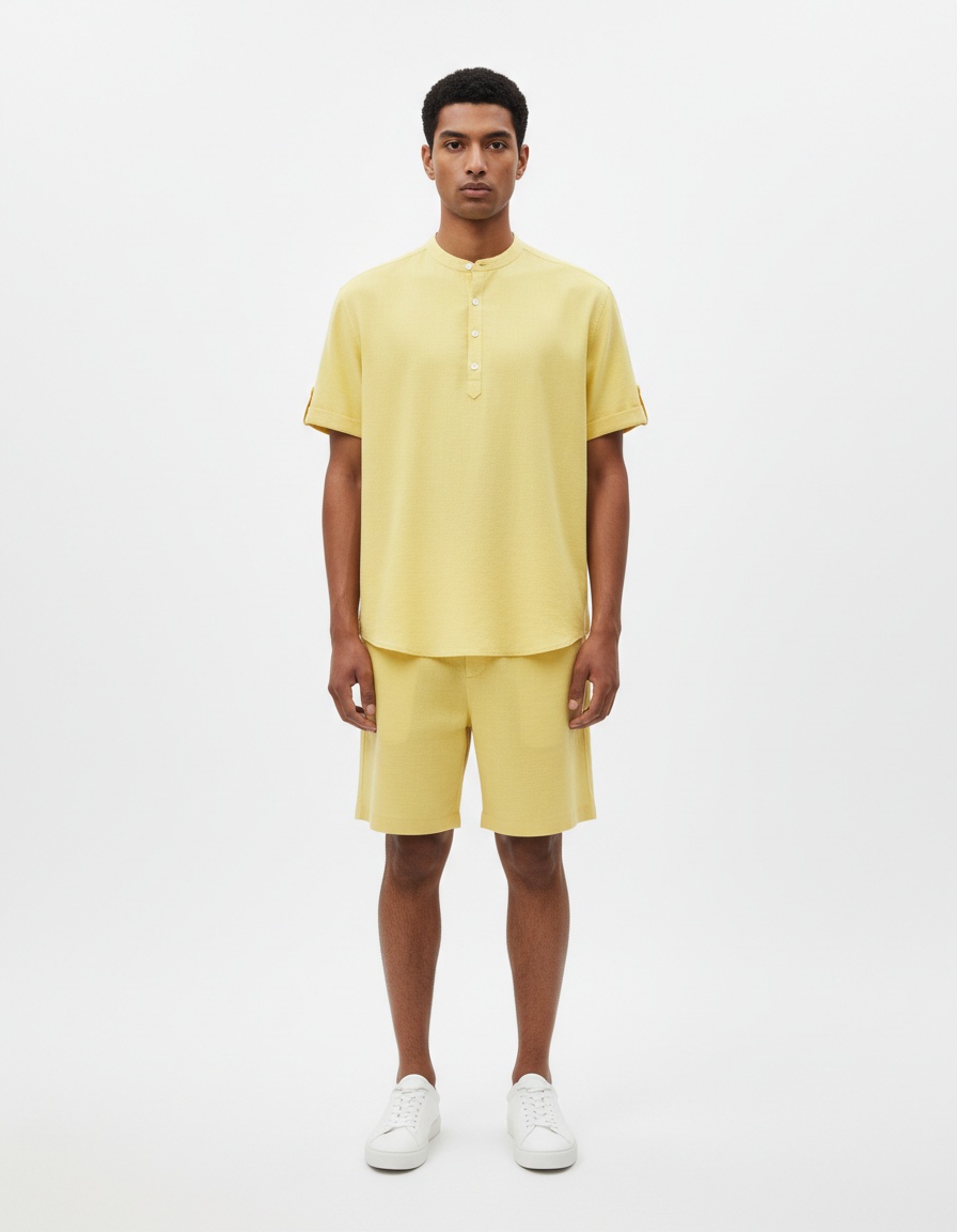 Men's Early Summer Solid Color Stand Collar Short Sleeve Shirt & Shorts Set