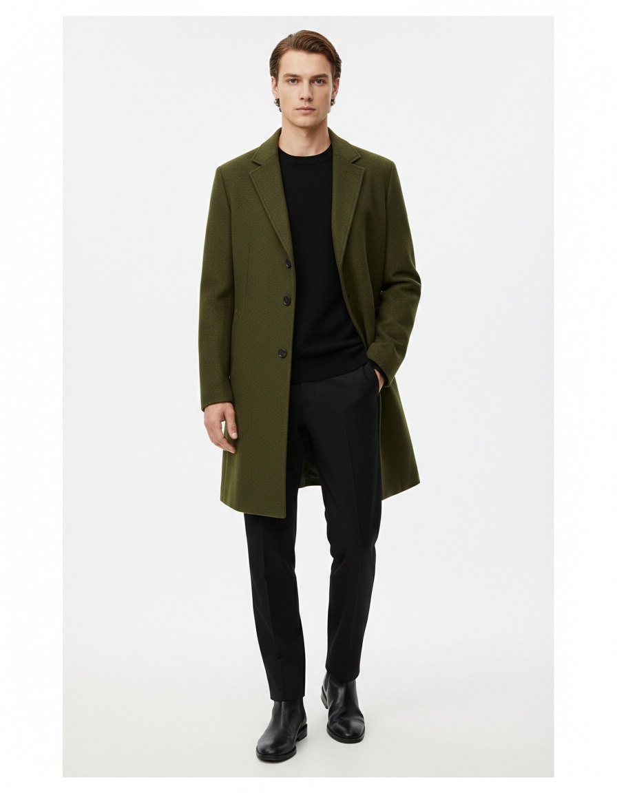 Men's Wool Blend Trench Coat - Slim Fit Mid-Length