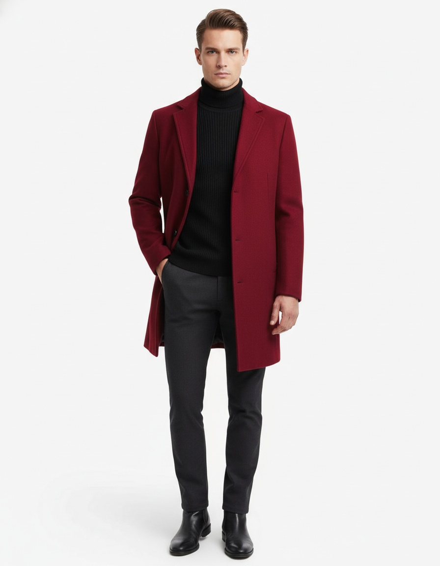 Men's Wool Blend Trench Coat - Slim Fit Mid-Length