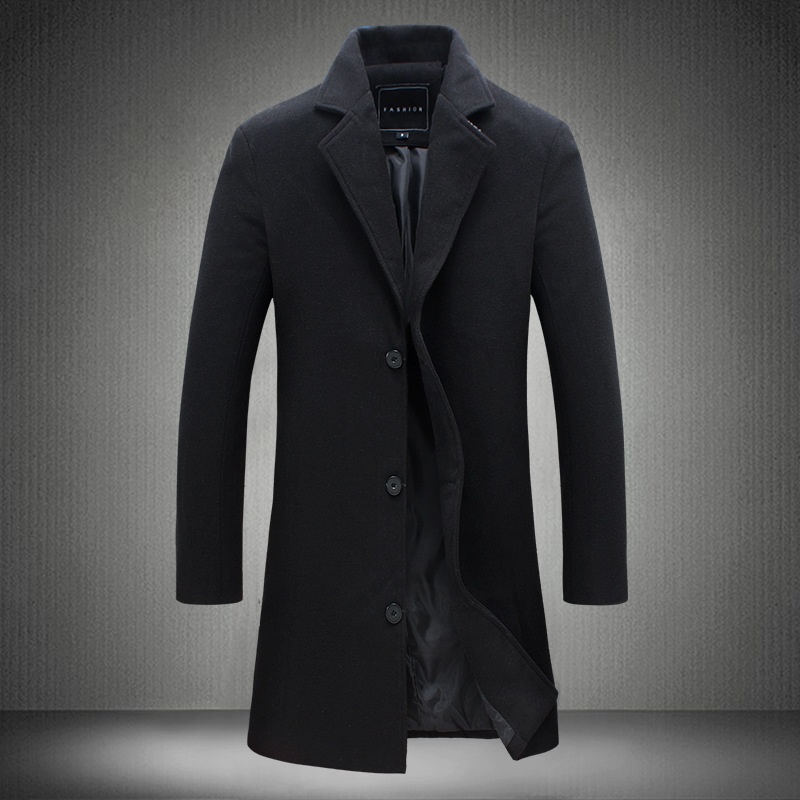 Men's Single-Breasted Solid Color Casual Wool Blend Long Trench Coat