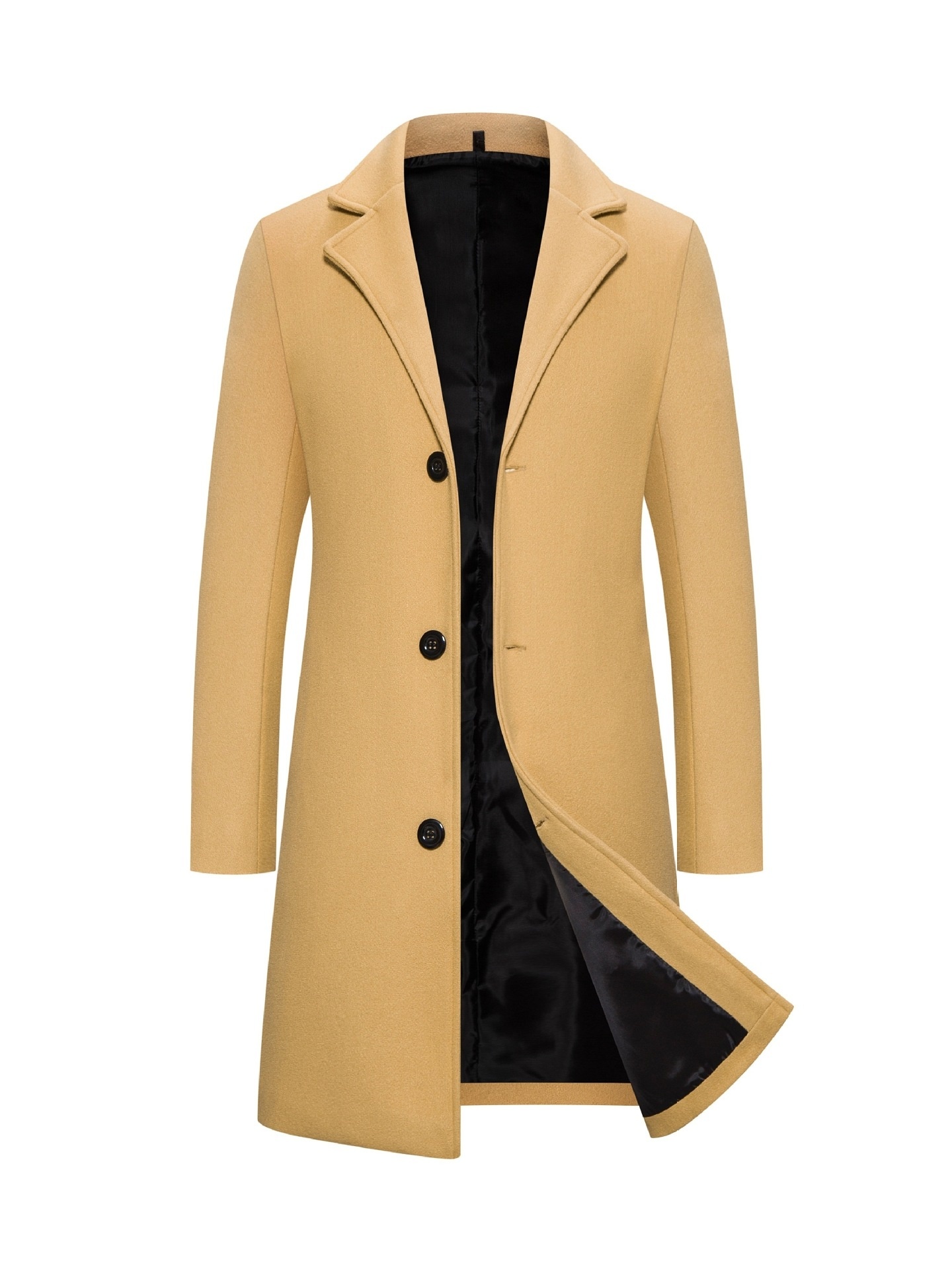 Men's Single-Breasted Solid Color Casual Wool Blend Long Trench Coat