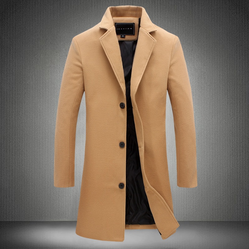 Men's Single-Breasted Solid Color Casual Wool Blend Long Trench Coat