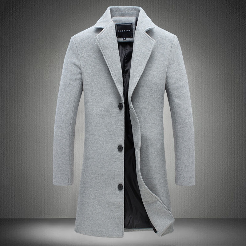 Men's Single-Breasted Solid Color Casual Wool Blend Long Trench Coat