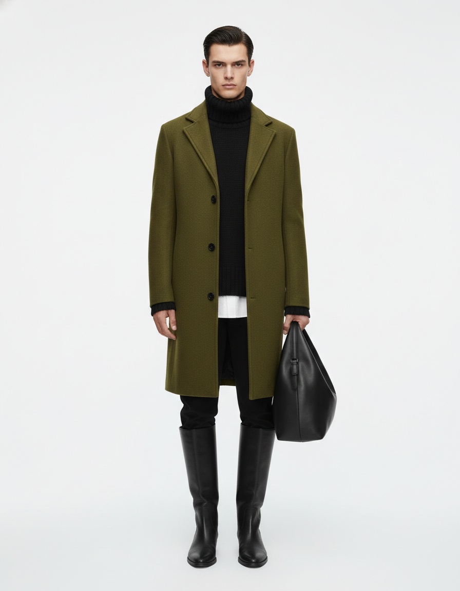 Men's Single-Breasted Solid Color Casual Wool Blend Long Trench Coat