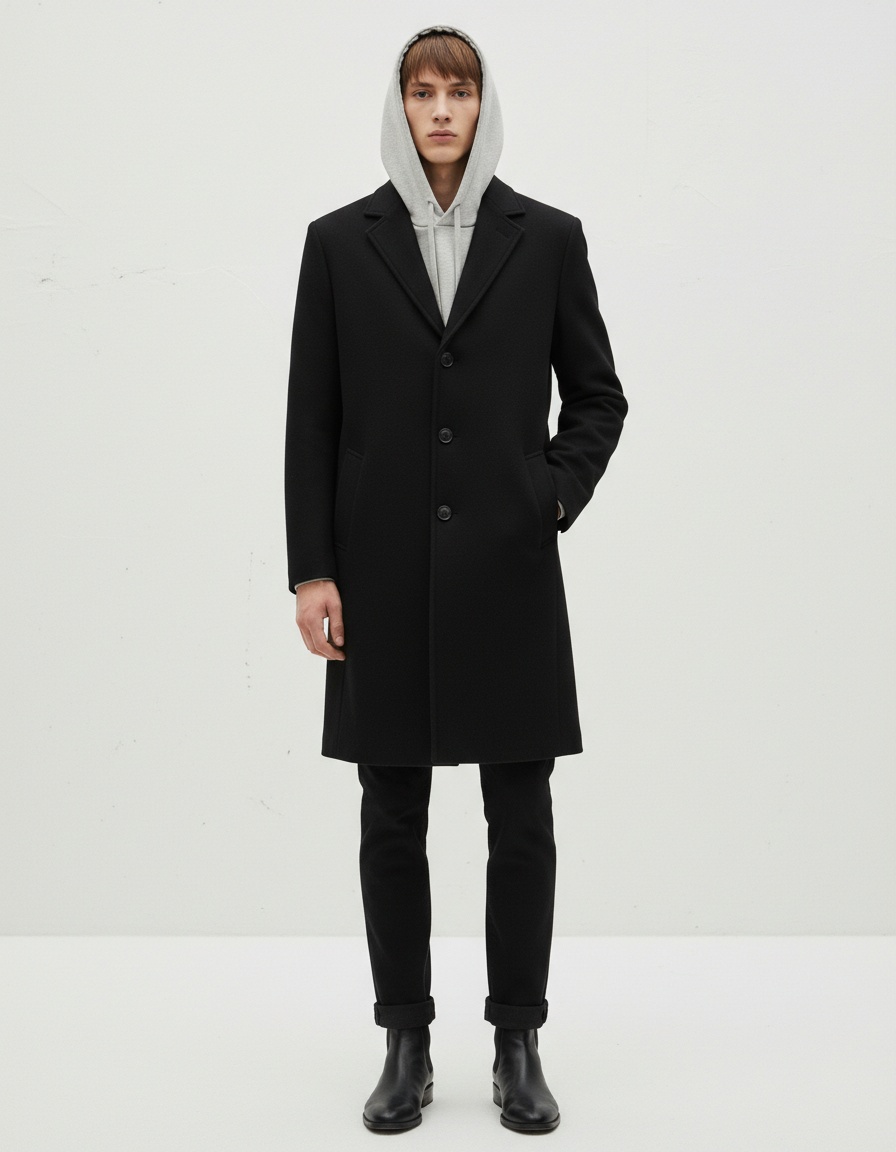 Men's Single-Breasted Solid Color Casual Wool Blend Long Trench Coat