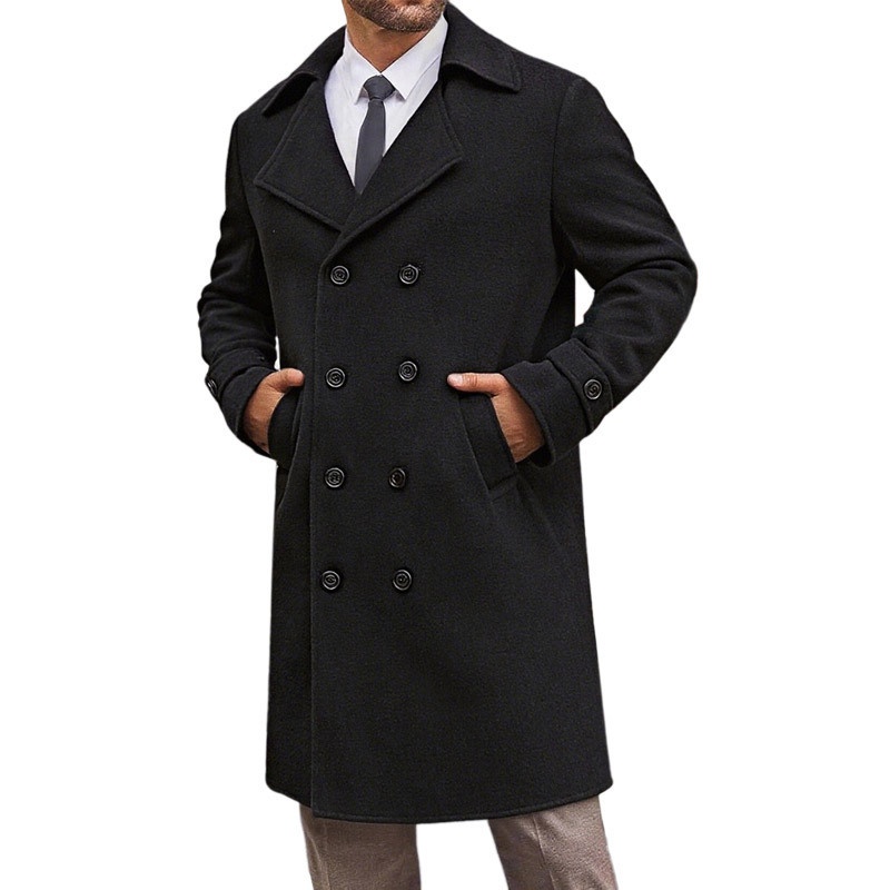 Men's Double-Breasted Mid-Length Woolen Trench Coat