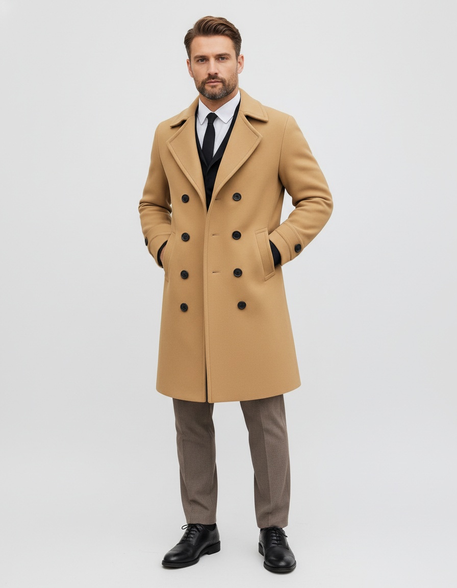 Men's Double-Breasted Mid-Length Woolen Trench Coat