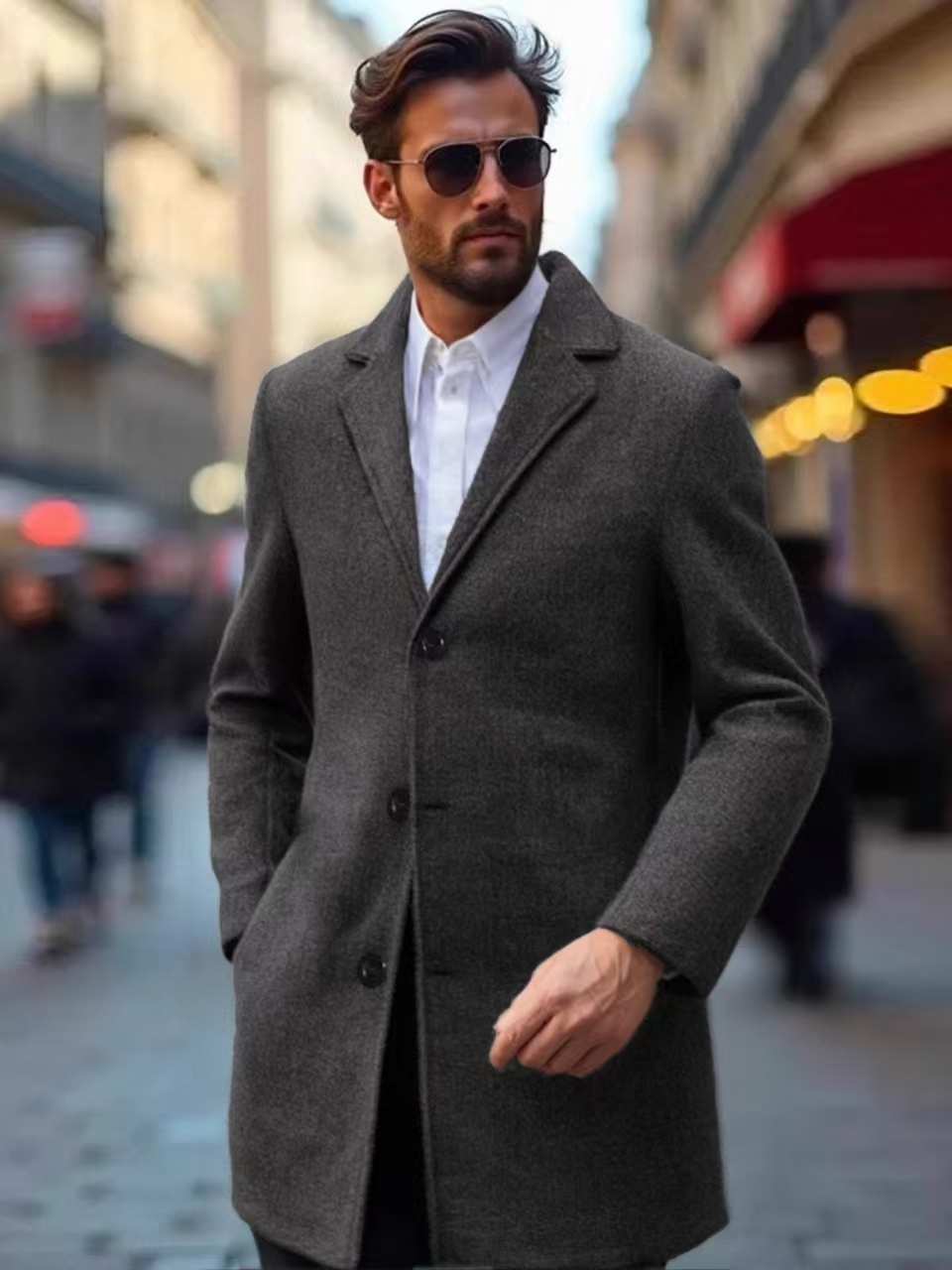 Men's Modern Slim Fit Mid-Length Wool Casual Trench Coat