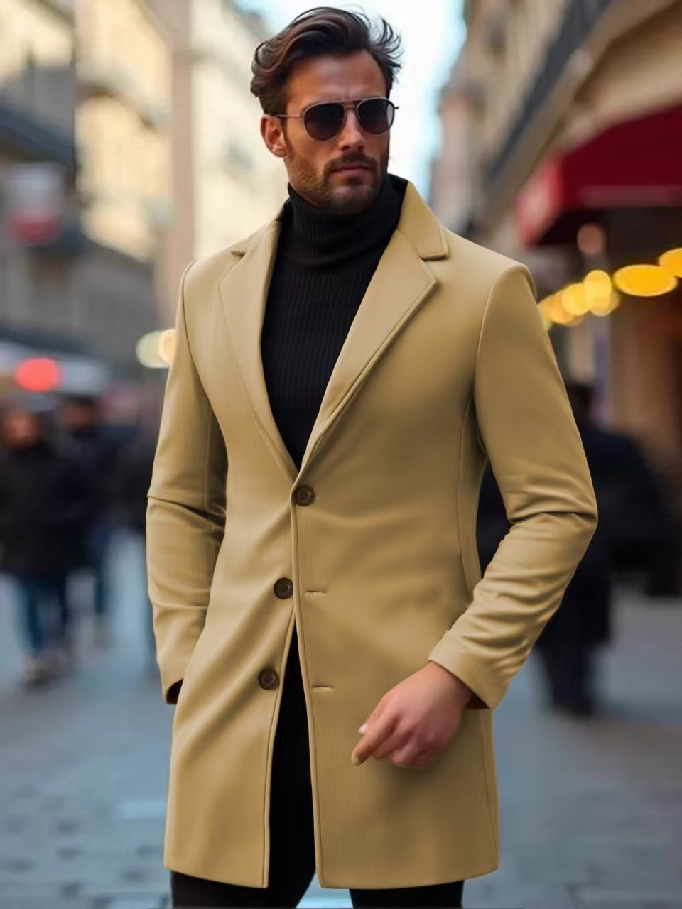 Men's Modern Slim Fit Mid-Length Wool Casual Trench Coat