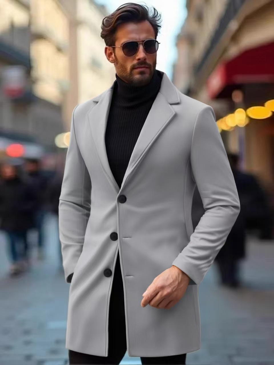Men's Modern Slim Fit Mid-Length Wool Casual Trench Coat