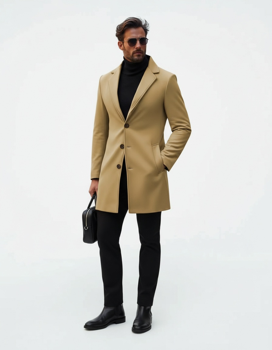 Men's Modern Slim Fit Mid-Length Wool Casual Trench Coat