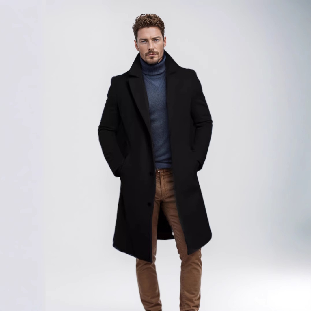 Men's Solid Woolen Longline Business Trench Coat