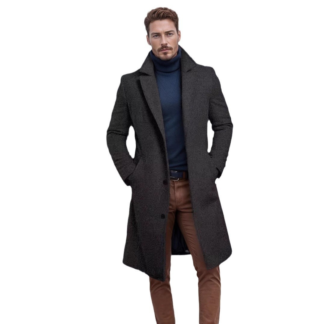 Men's Solid Woolen Longline Business Trench Coat