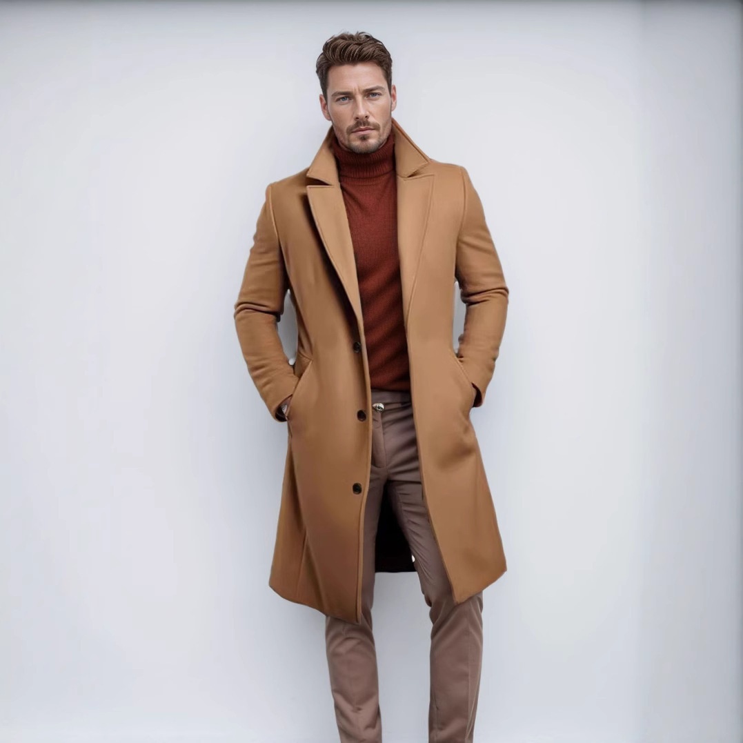 Men's Solid Woolen Longline Business Trench Coat