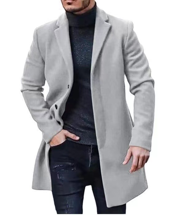 Men's Solid Woolen Longline Business Trench Coat