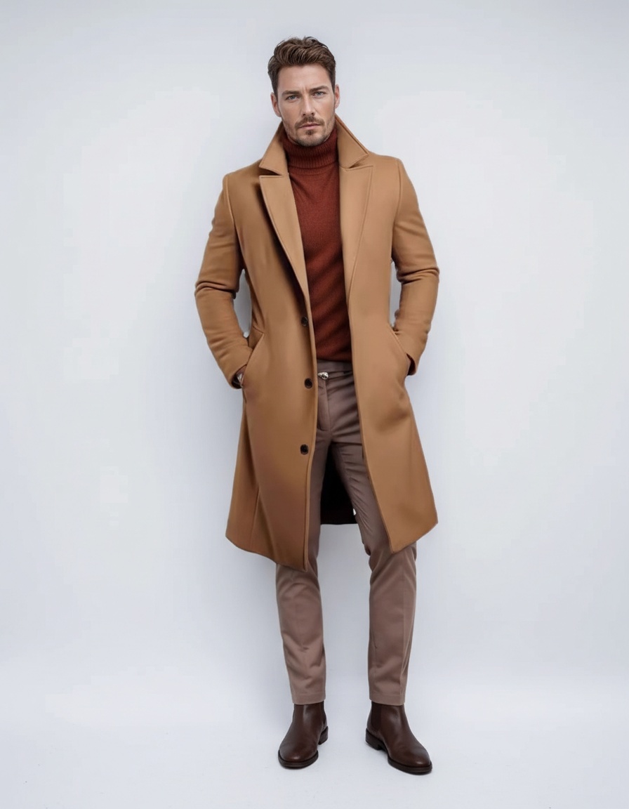 Men's Solid Woolen Longline Business Trench Coat