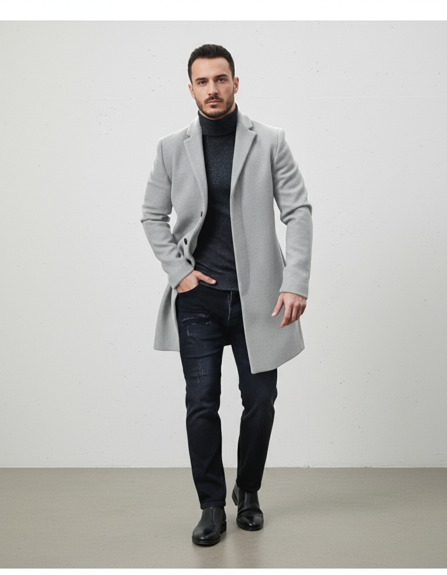 Men's Solid Woolen Longline Business Trench Coat