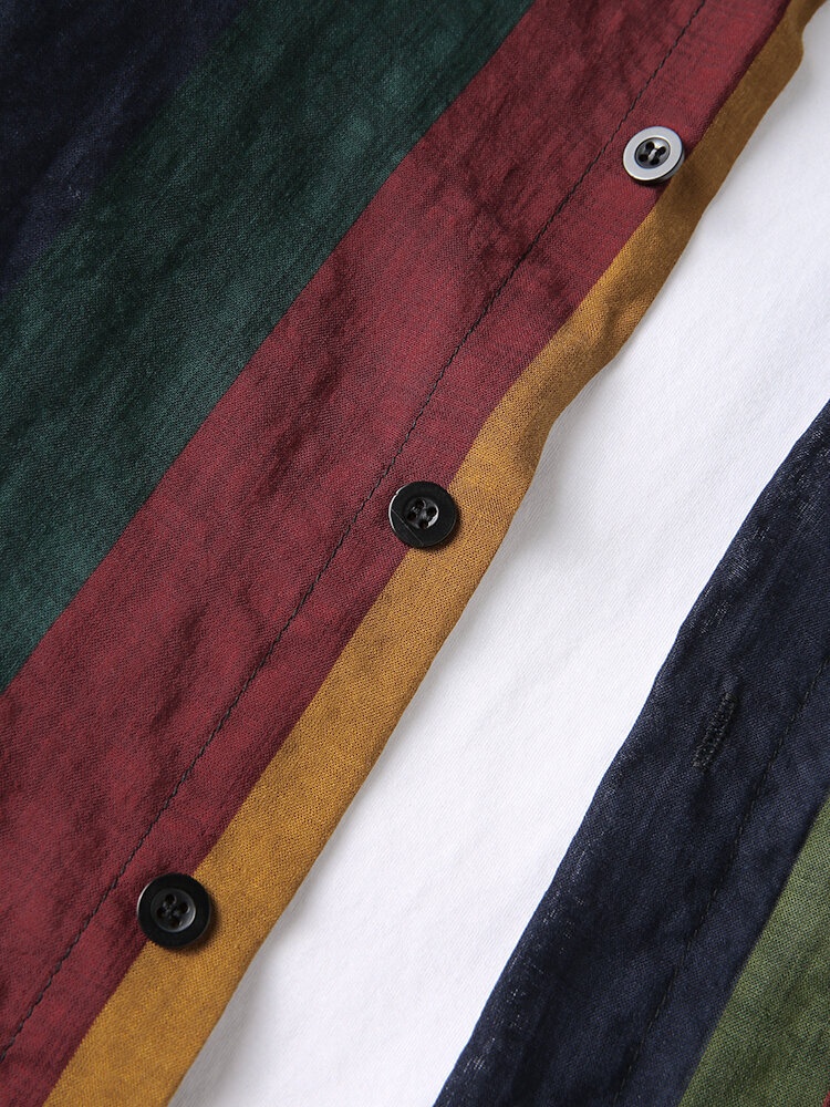 Men's Striped Breathable Cotton Linen Long Sleeve Shirt Contrast Color Casual Top